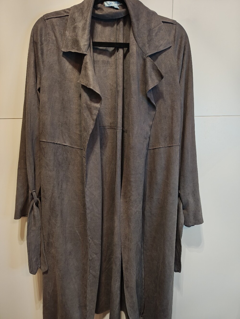 she + sky gray faux suede long duster trench jacket size medium